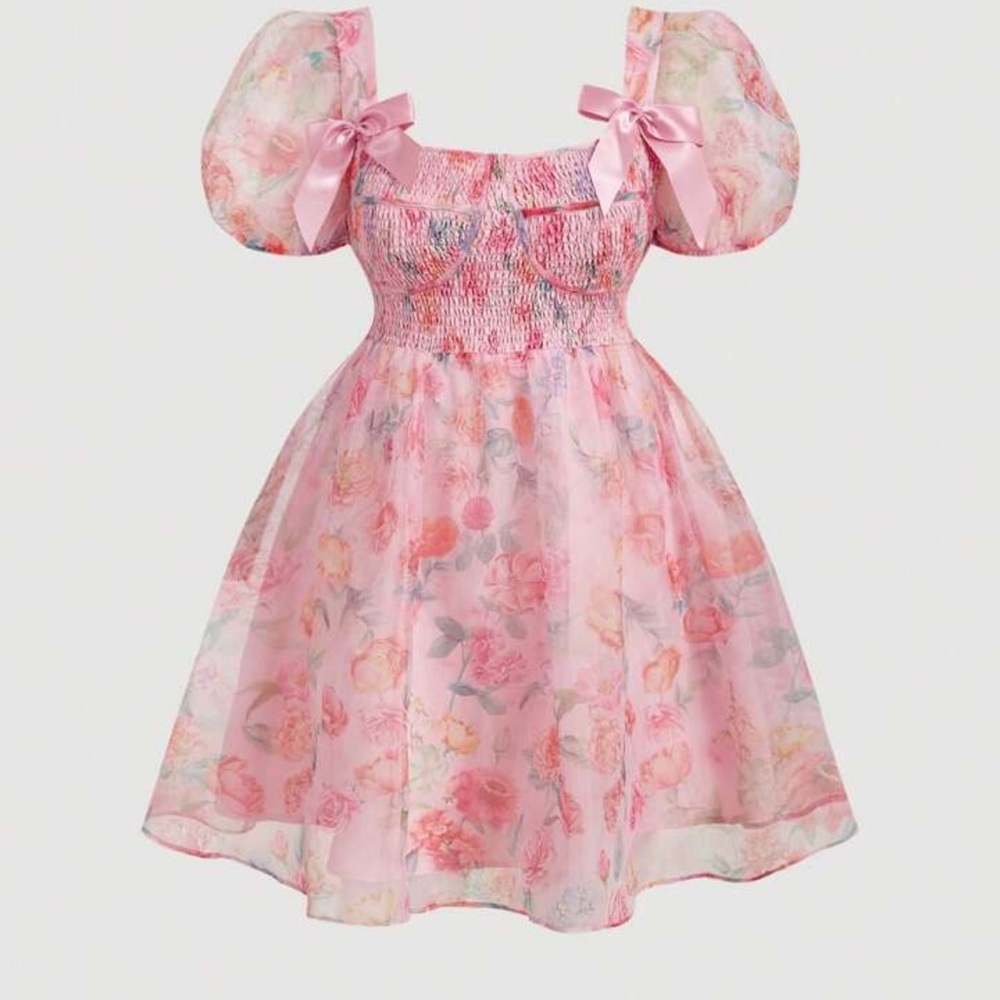 Pink Floral Puff-Sleeve Sundress